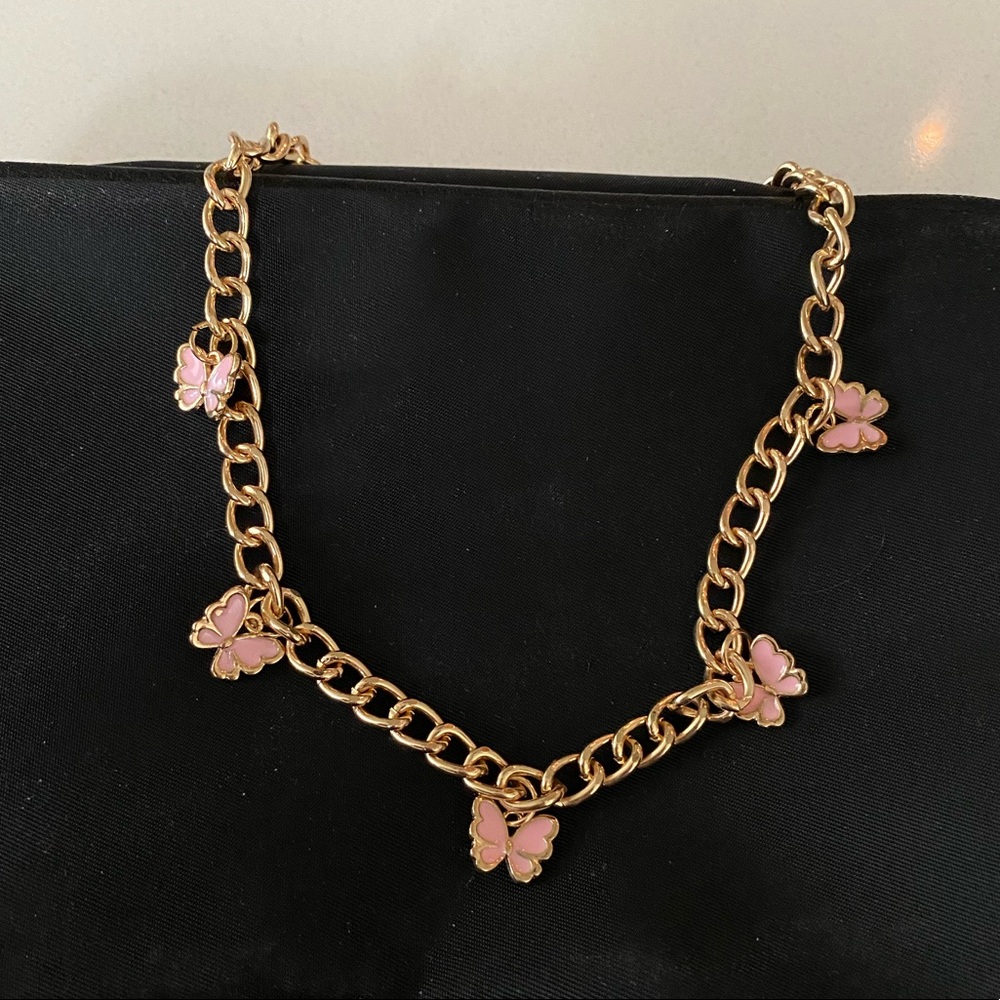 Butterfly charm gold chain choker necklace pink 🦋💖